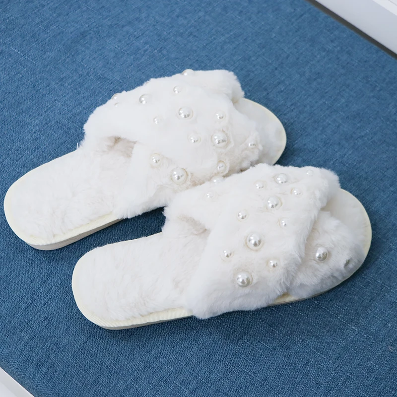 Women Fluffy Slippers Summer 2023 Warm Faux Fur Cross Flip Flops Indoor Pearl Floor Slides Soft Flat Furry Sandals
