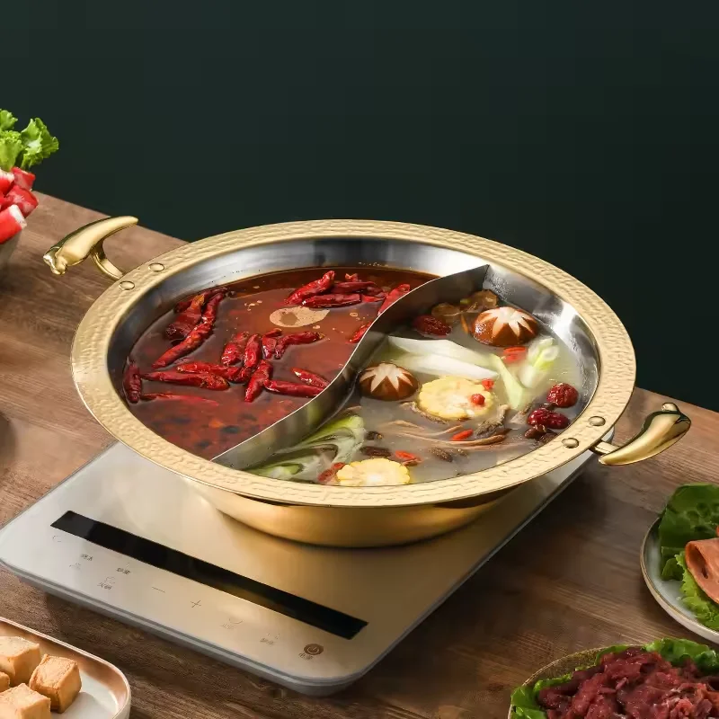 higher quality  kitchen cookware Triple-layer steel Chinese hotpot shabu hot pot with divider for party hotel cafeteria
