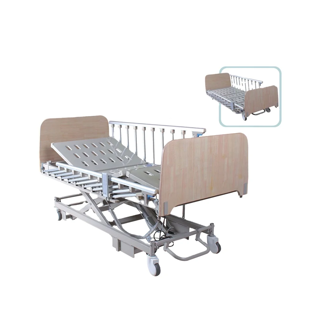 medical three electric hospital bed large handrails with background image of wooden planks.