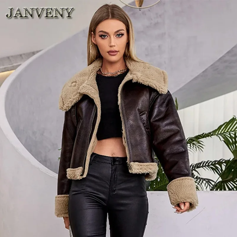 JANVENY 2024 New Winter Faux Lamb Fur Leather Jacket Women Long Sleeve Zipper Pockets Thick Warm Sheepskin Fleece Motor Coat