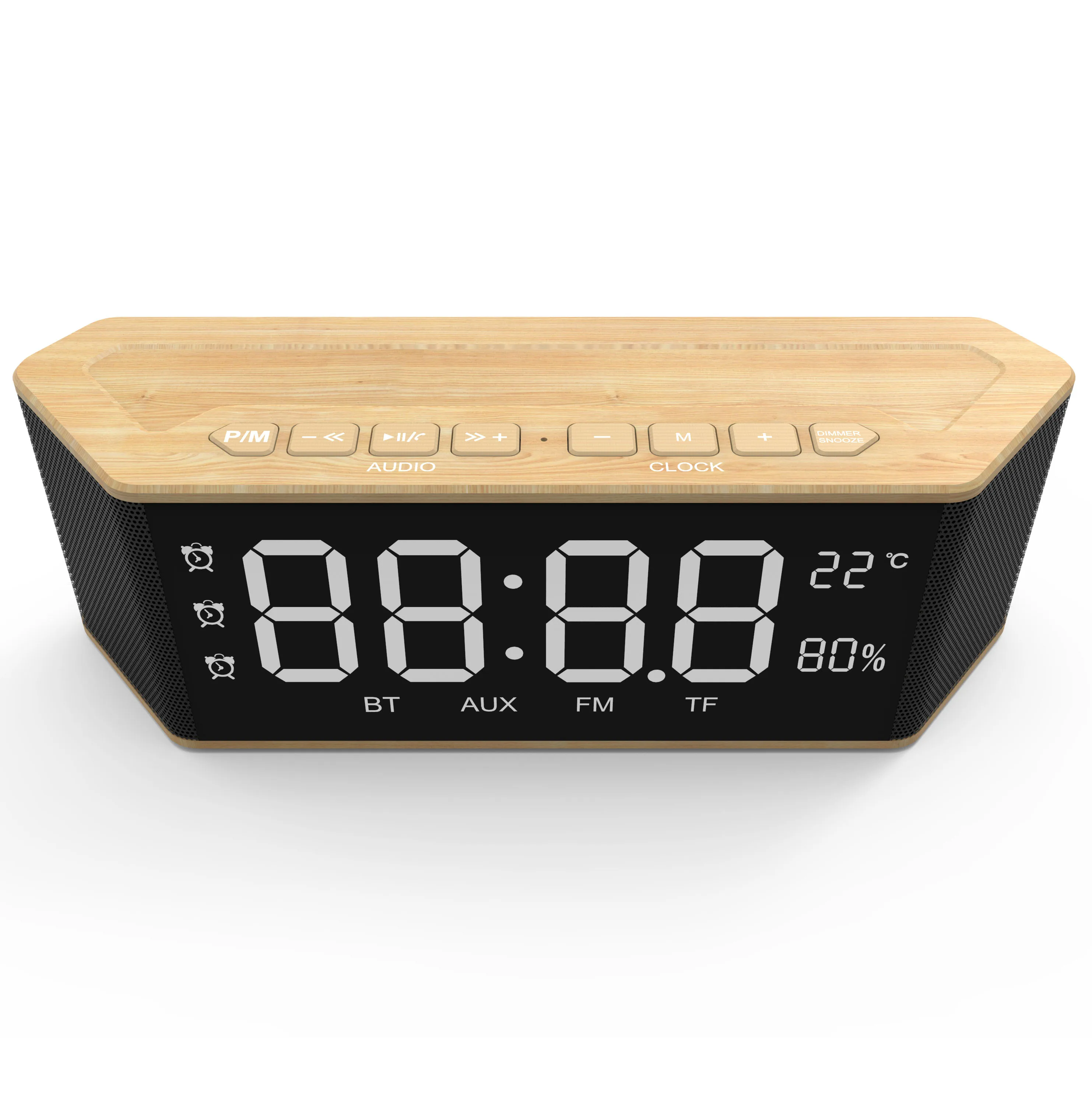 Custom Wholesale New Alarm Clock Digital Display LED Subwoofer Music Player Wooden Wireless Speaker