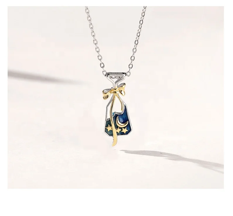 PUSHI minimalist 925 sterling silver jewelry necklace star and moon necklace make a wish gift necklace