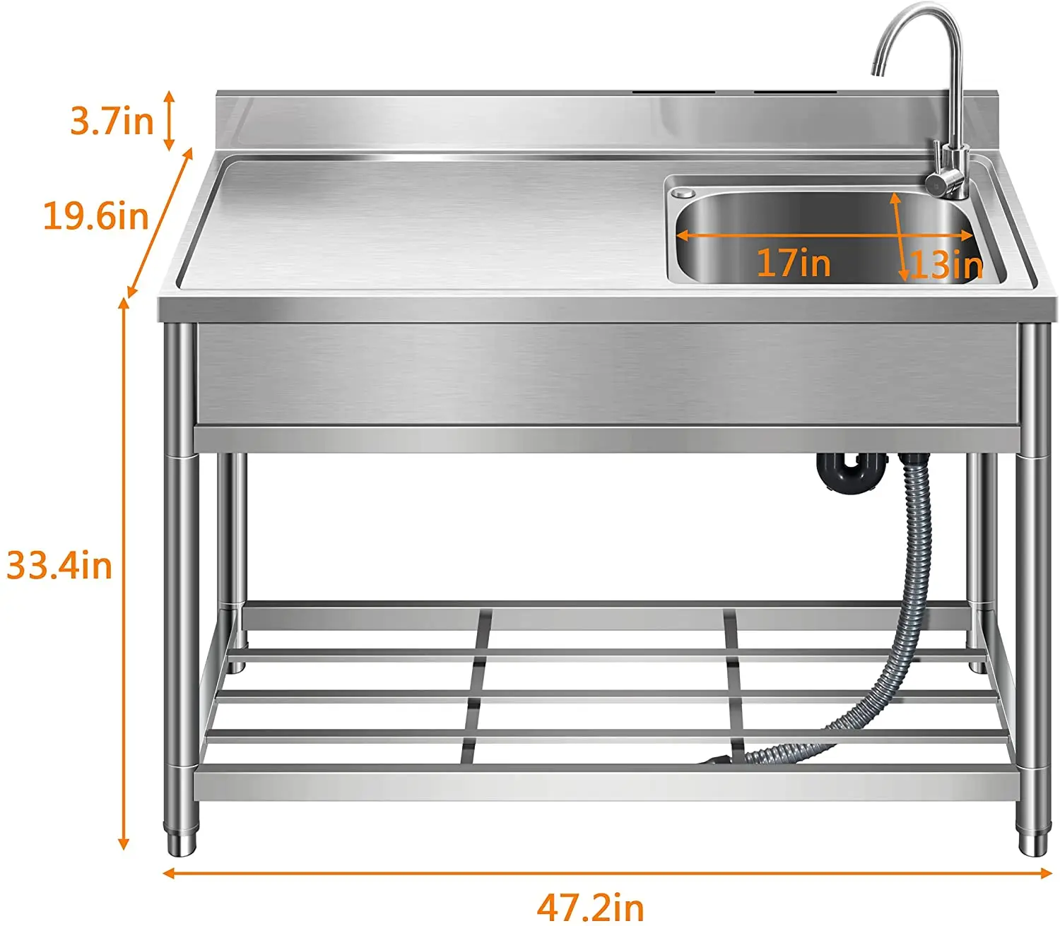 Free Standing Stainless-Steel Single Bowl Restaurant Kitchen Sink Set w/Faucet Drainboard Hand Basin w/Workbench Storage Shelves