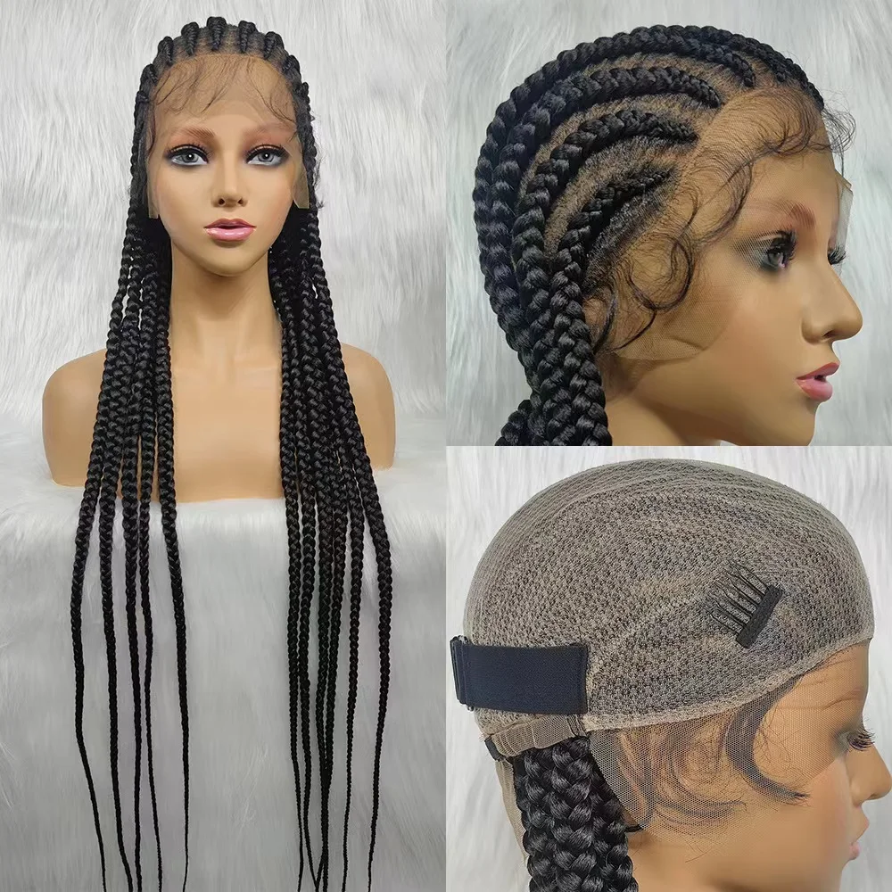 Wholesale Handmade Micro Cornrow Box Braided Wigs Glueless Knotless Braid Lace Front Wigs Heat Resistant Synthetic Hair Wigs