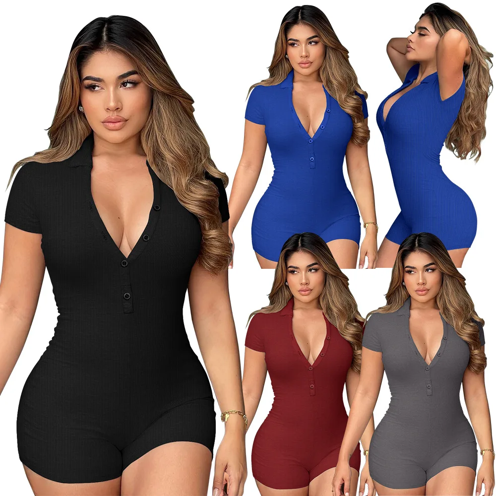 X5921 - quality rib knit solid color casual bodycon short sleeve rompers women jumpsuit