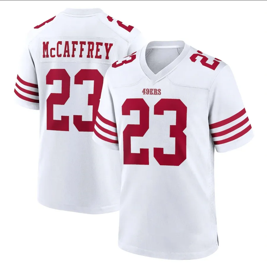San Francisco #23 Christian McCaffrey 13 Brock Purdy 29 Talanoa Hufanga football Jersey