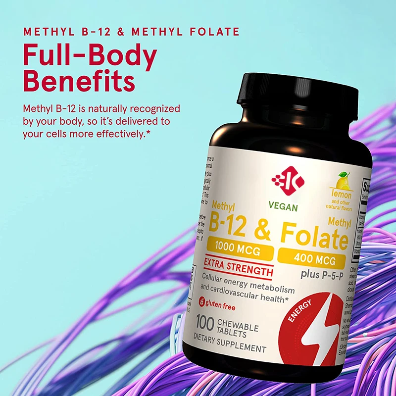 Private Label Vegan Brain and Cardiovascular Support Pills Organic Folate Vitamin B12 Men Power Energy Tablets Candy