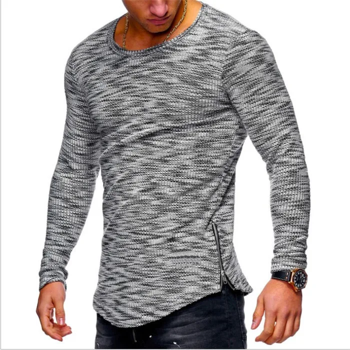 Gulidd  Quality Spring Mens Long Sleeve T-shirt Winter bottom shirt Side zipper embellished loose T-shirt