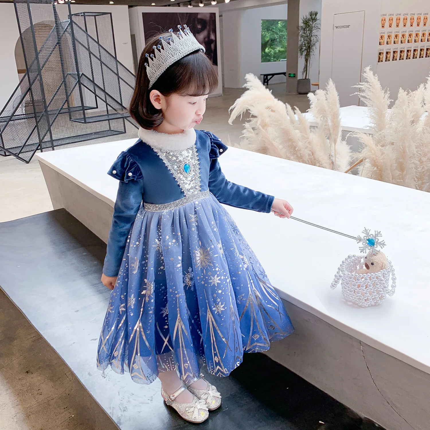 Baige Good Quality Velvet Sleeves Elsa Anna 2 Princess Dress Girls Party Dress With Removable cloak Movie characters For Winter