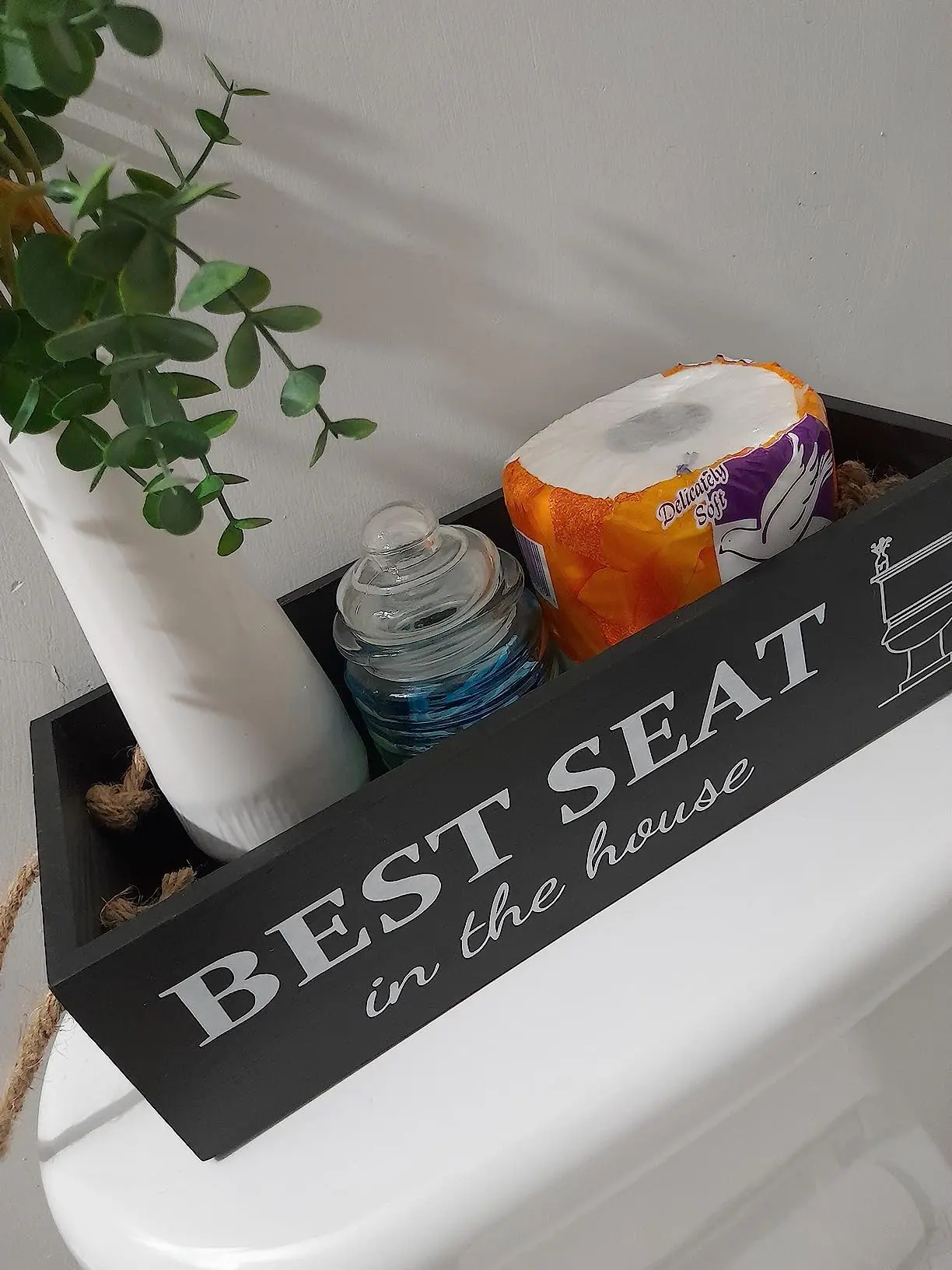 Rustic Black Wooden Planter Basket Storage Organizer Box | Customized Words Tank Holder Caddy With Rope