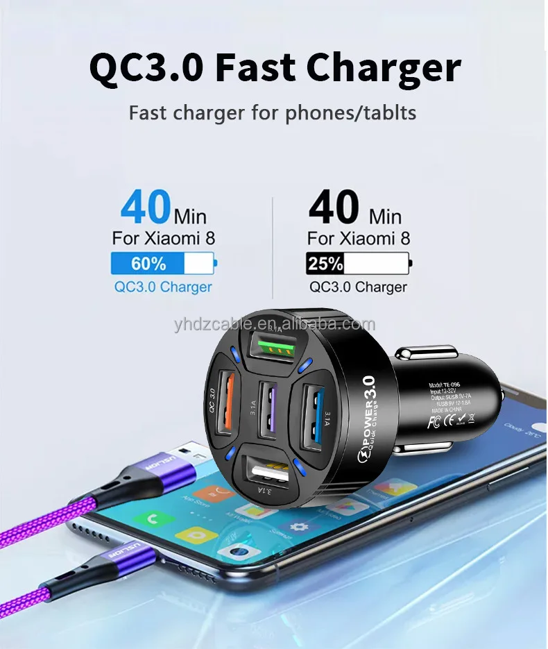 5USB Multi-Port Charger 3A QC3.0 Smartphone Car Fast Charger Vehicle Cigarette Lighter LED Display Android Universal Adapter