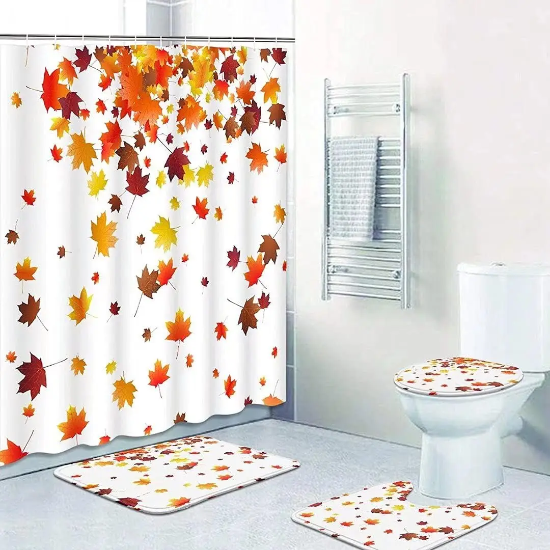 4Pcs Bath Curtains Autumn Waterproof Shower Curtains Bathroom Decor Set Fall Decor