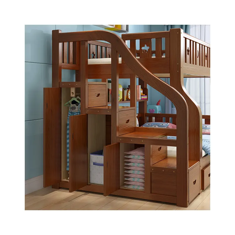 
Soild Pine Wood Bunk Bed With Wardrobe Stairs, drawer & bookshelf for kids Bedroom Furniture 