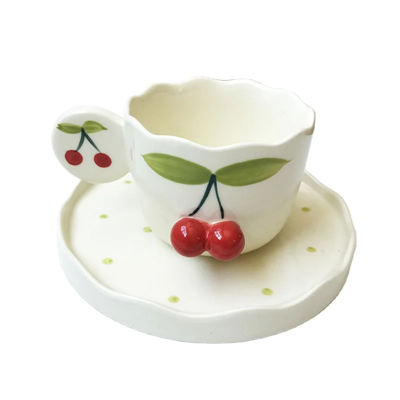 Simple cherry ceramic coffee cup and saucer cute three-dimensional shape milk breakfast cup