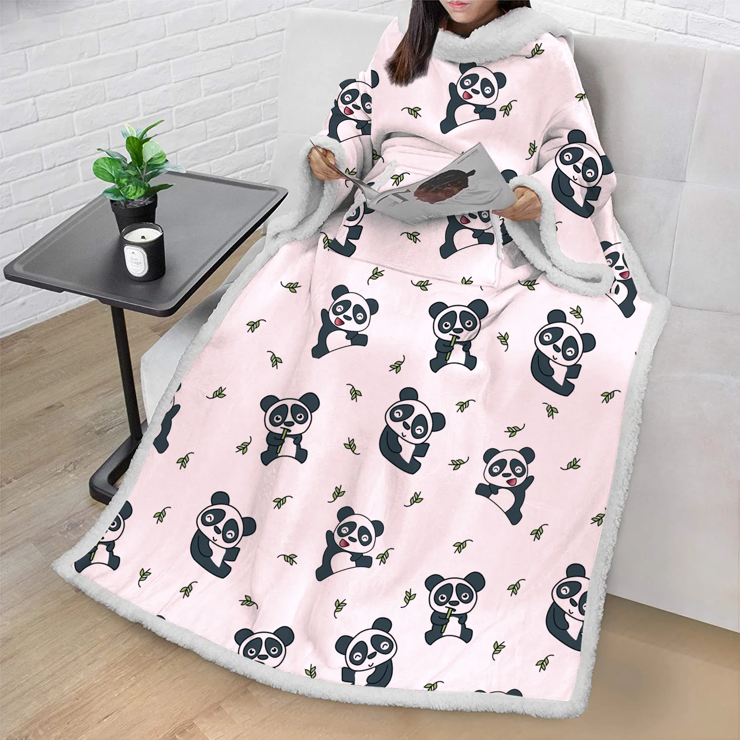 New fashionable unisex extra thick fleece blankets panda long sleeve huge long length wearable blankets pajamas