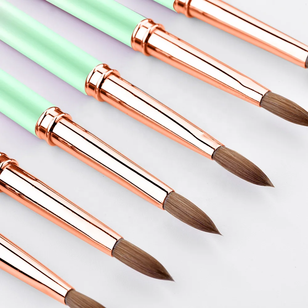 Hot Selling Superior Quality Germany Private Custom Label  Pink Green Gradient  Metal Kolinsky Nail Brushes Wholesale #8 to #18