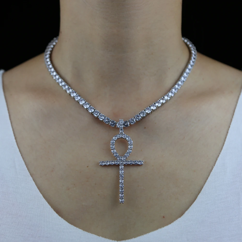 Trendy Design Iced Out Ankh Cross Pendant Necklace Micro Pave 5A Cubic Zirconia Cz Tennis Rope Chain Bling Women Jewelry