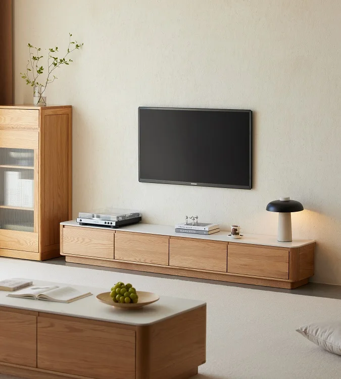 M2081 High quality Customized Furniture Living Room natural wood oak TV Media Cabinet with 3 or 4 Drawers Wooden TV stand table