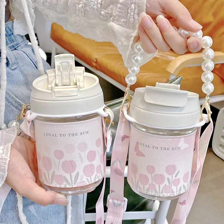 Elegant 14 oz Reusable Glass Water Bottles for Coffee Tea Juice Milk with Leather Sleeve and Carry Strap