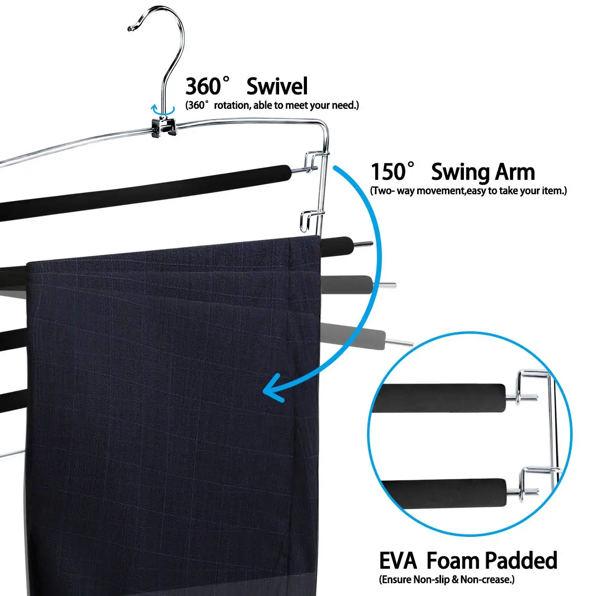 Hot Sale New Black Four Layer Soft Foam Silver Metal Clothes Hanger Five Layers Non-slip Foam Padded Space Saving