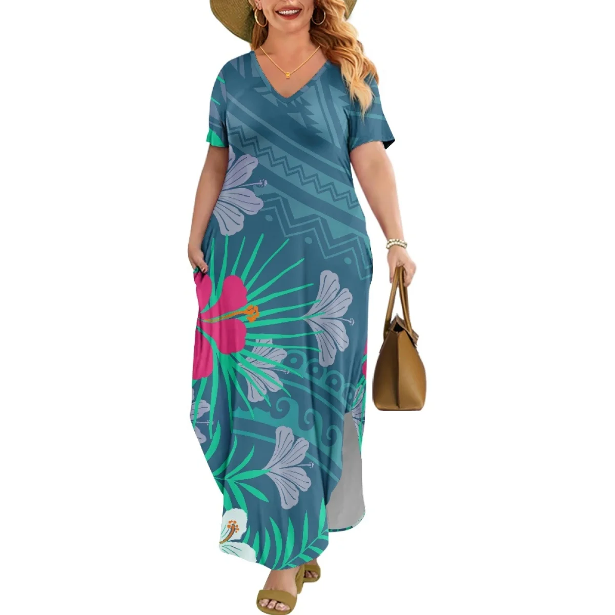 Dropshipping Maxi Vestido with Pockets Custom Polynesian Tribal Tattoo with Flower & Leaf T Shirt Dress with Pockets Max Dress