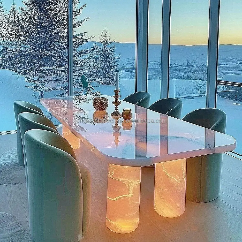 Hot Sale Pink Onyx Dining Table Set For 6  Luxury Stone Furniture Translucent Marble Dining Table Backlit Onyx Dining Table