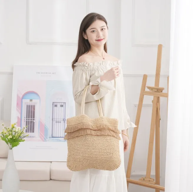 Hot Sales Crochet Handbag Women Large Summer Custom Woven Handmade Paper Straw Beach Tote Straw Bag