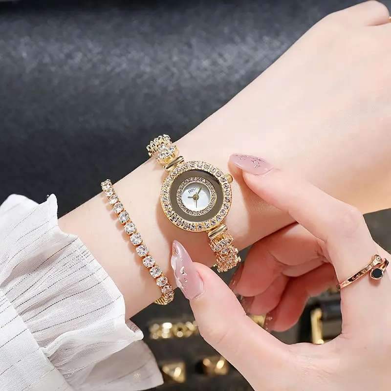 2pcs Set Luxury Women Rose Gold Watch Fashion Ladies Quartz Diamond Wristwatch Elegant Female Bracelet Watches