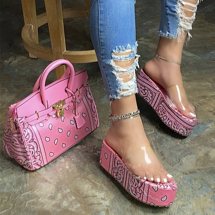 2021 Women Summer Clear Platform Slides Bandana Wedge Shoes Bandana Heels Slip On Slide Sandals Shoes Women Bag Set
