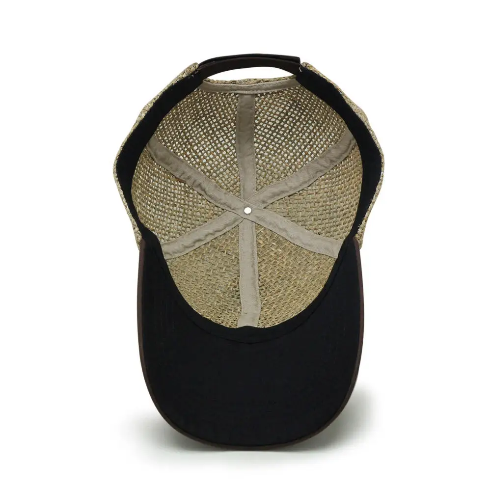 Custom grass fashion linen mesh cap patching logo breathable leather brim baseball cap