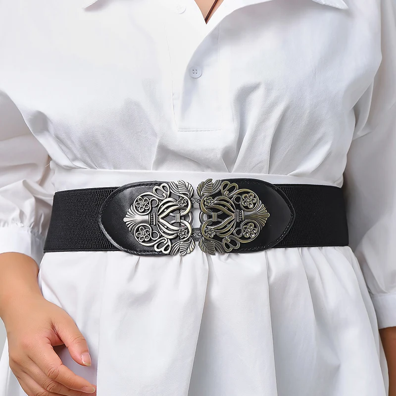85cm Plus Size Vintage Breathable Elastic Black Girdle Belt Exquisite Metal Buckle Wide Waist Seal