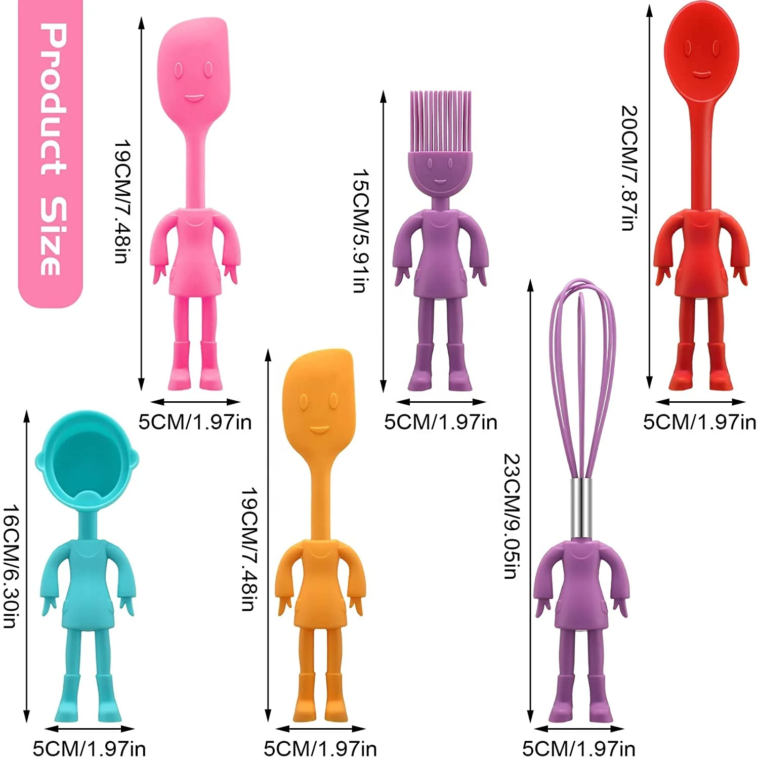 Kids Kitchen Utensils Set 6 Pieces Human Shaped Non Stick Heat Resistant Baking Tools Gadgets Silicone Cute Stand up Kitchenware
