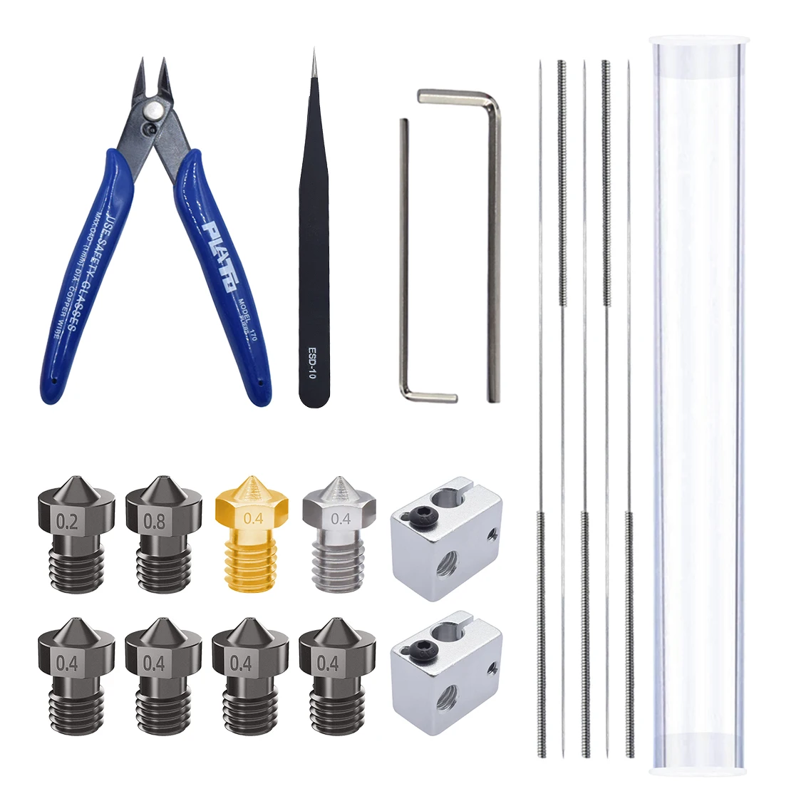 3D Printer Nozzle Kit with cleaning tools tweezers scissors MK8 Heating Block MK8 Nozzle for 3D printer