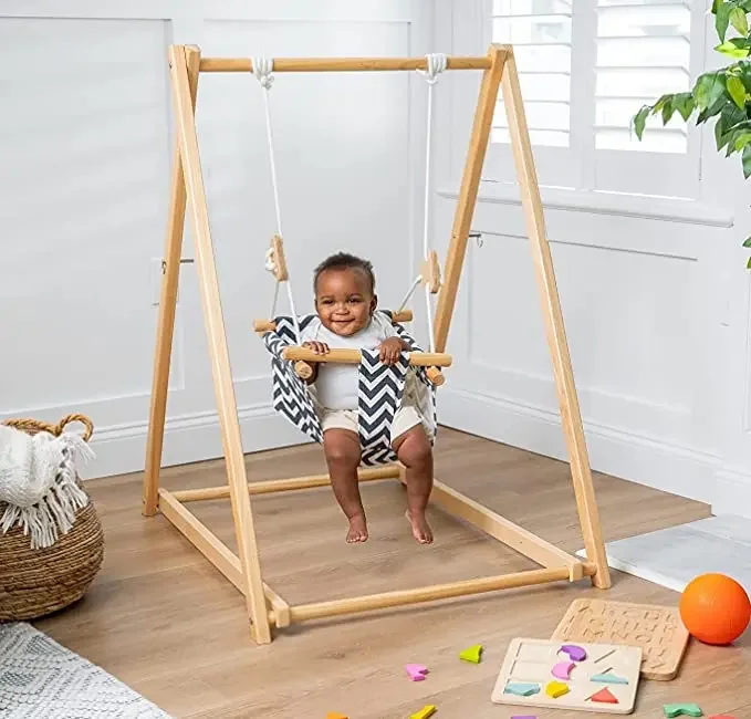 Premium Montessori Waldorf Style Self-Standing Indoor Swingset Spruce Foldable Baby and Toddler Swing Set with Stand