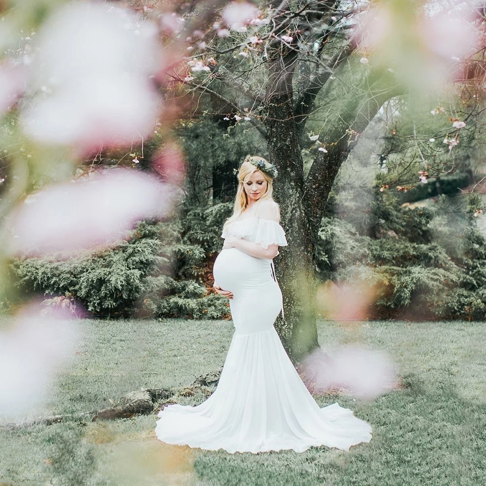 Женское шифоновое платье для беременных с открытыми плечами и длинным рукавом