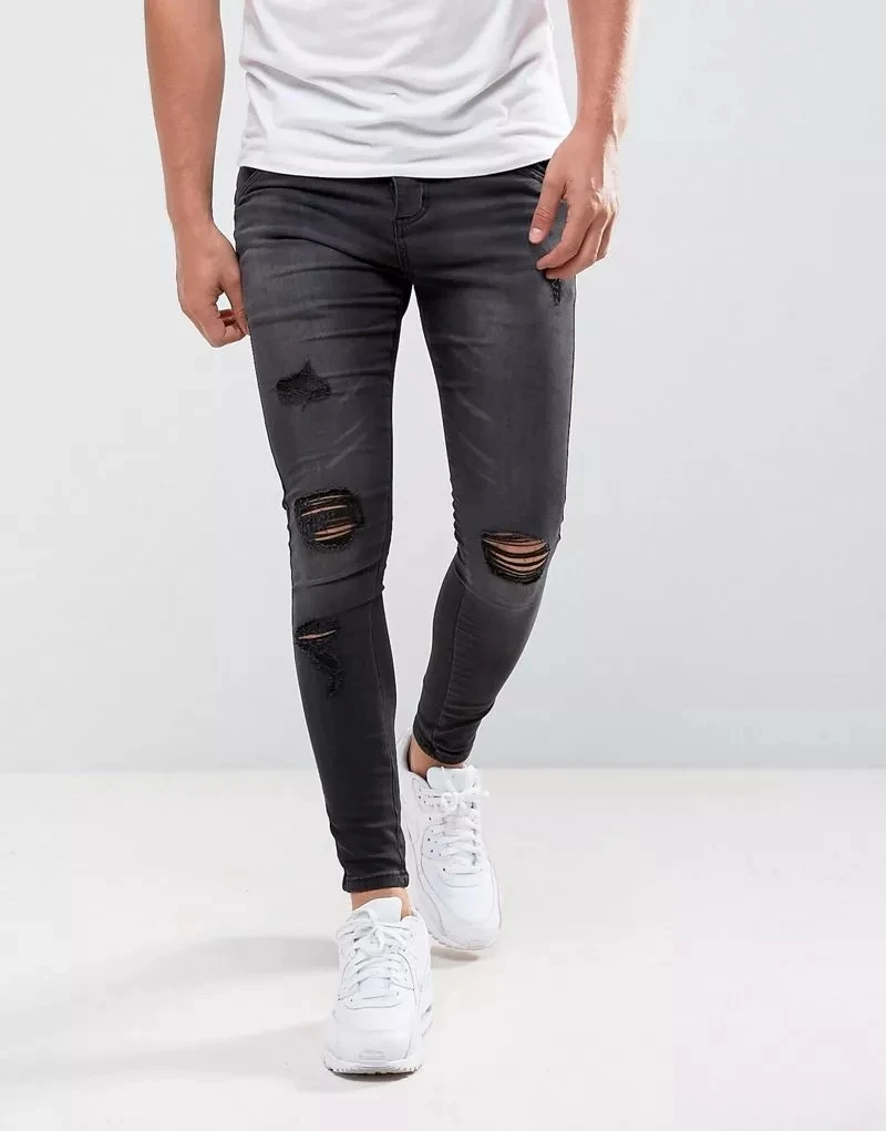 
Hot selling Ripped Stretch Mens Jeans Pencil Elastic Waist Casual Pants Boys Damage Disstred Trousers With Zipper Fily Closured 