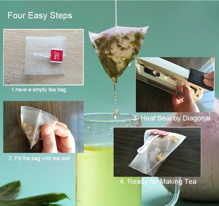 PLA Biodegradable 3-Side Seal Empty Teabag Pyramid Bags Pre-Tagged Corn Fiber Tea Sachets with Thread