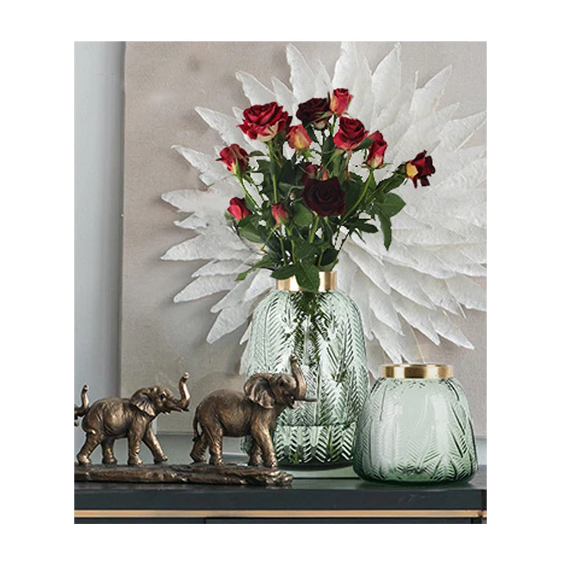 Amazon Ins creative Nordic tabletop large Glass Vase leaf pattern with gold-rimmed home Decorative Flower Glass crystal Vases