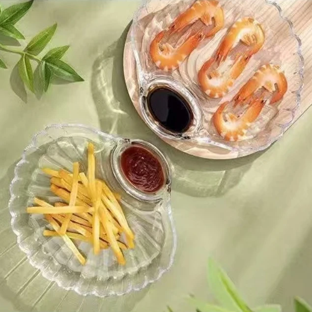 Household Creative Dipping Compartment Plate Transparent Glass Shell Shape Sushi Plate