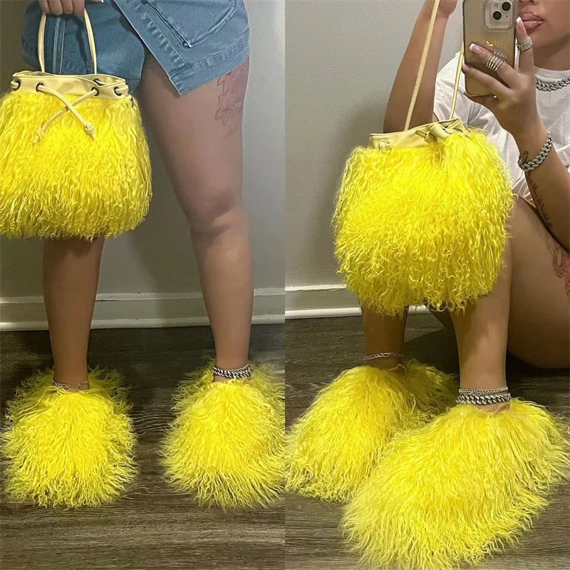 New Arrival Women Fashion Fur Slippers and bags sets Winter Plush Fluffy Faux Mongolian fur slides with Matching Furry Purse Set