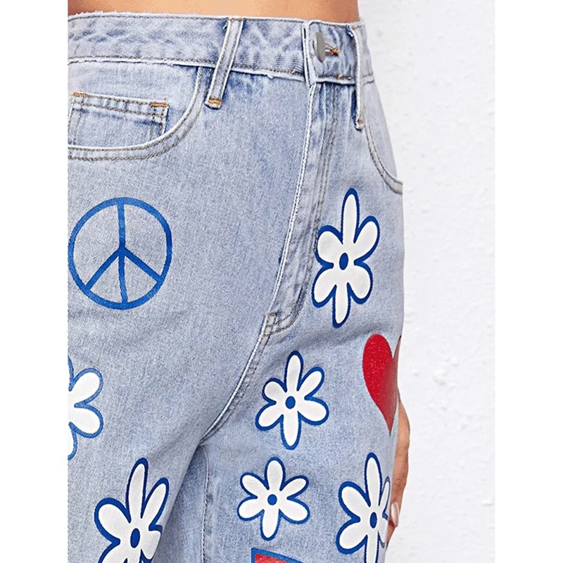 NVFelix 2022 Spring New Style Ladies Personalize Cute Colorful Daisy Paint Mom Jeans