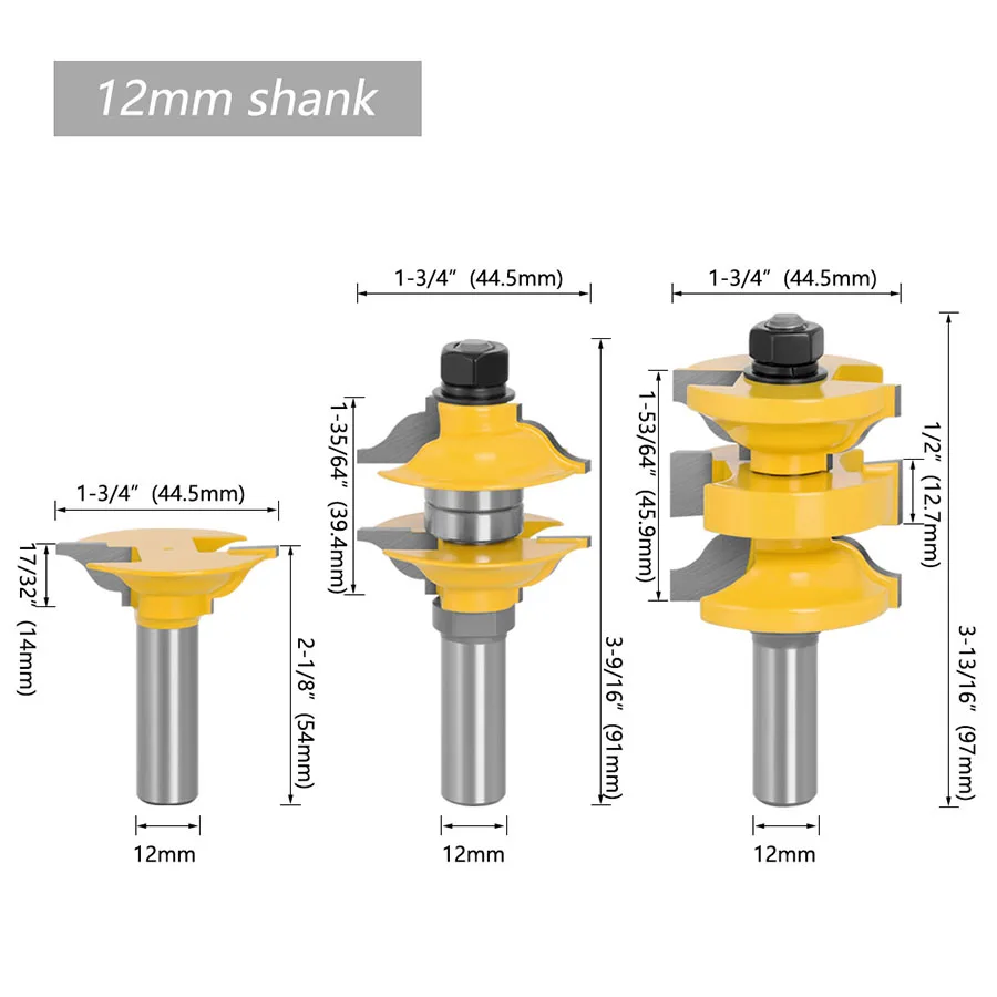 Carving machine use woodworking skeleton cutter carving 1/2 inch shank 3-piece mortise and tenon woodworking cutter set