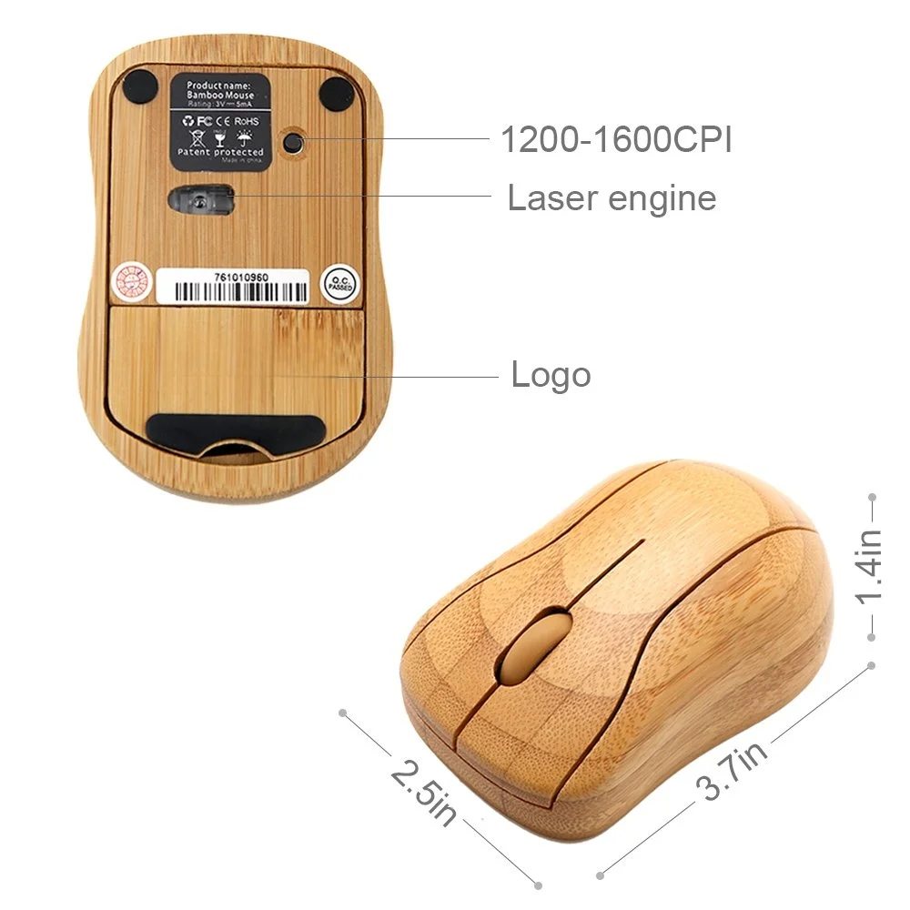 2.4ghz Wireless USB Mini Battery Rechargeable Silent Mouse Bamboo Wood Optical Computer Laptop PC Mice Mouse Stock 10 M (30 Ft)