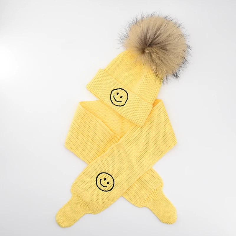 KAZUFUR Kids Knitted Scarf Hat Set for Baby Children Real Fur Pompom Winter Hat And Scarf Set