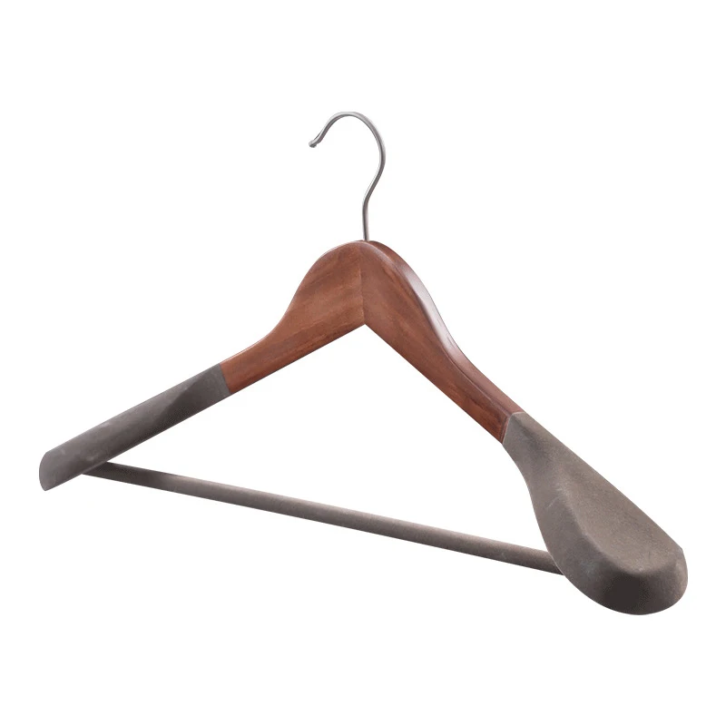 Wholesale Natural Color Widen Top Clothes Suit Solid Wood Hangers with Flocking Bottom Pant Hanger for Garment Store