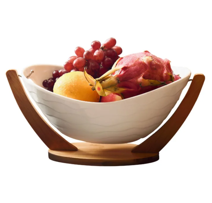 3 Pcs set Relish Tray with White Ceramic Bowl. Server Set with Bamboo Rack