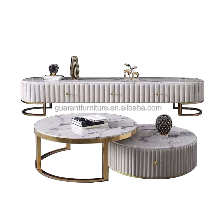 simple design white and gold luxury marble tv stand and coffee  table for sale