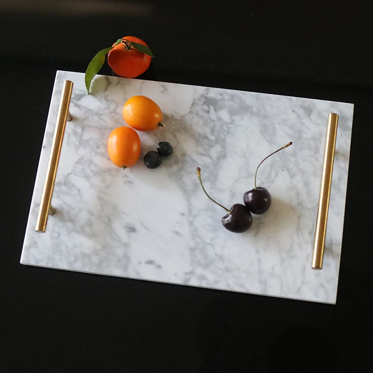 Hotel Decorations Home Luxury Rectangle Food Serving Marble Tray With Gold-Tone Handles
