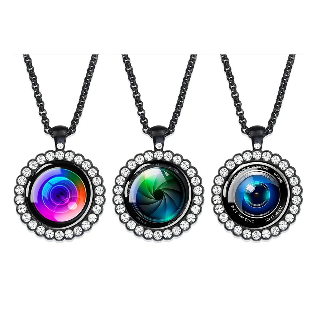 Camera Lenses Necklace Luminous Rhinestone Encrusted Glass Dome Pendant Customizable Black Hip-hop Men Jewelry