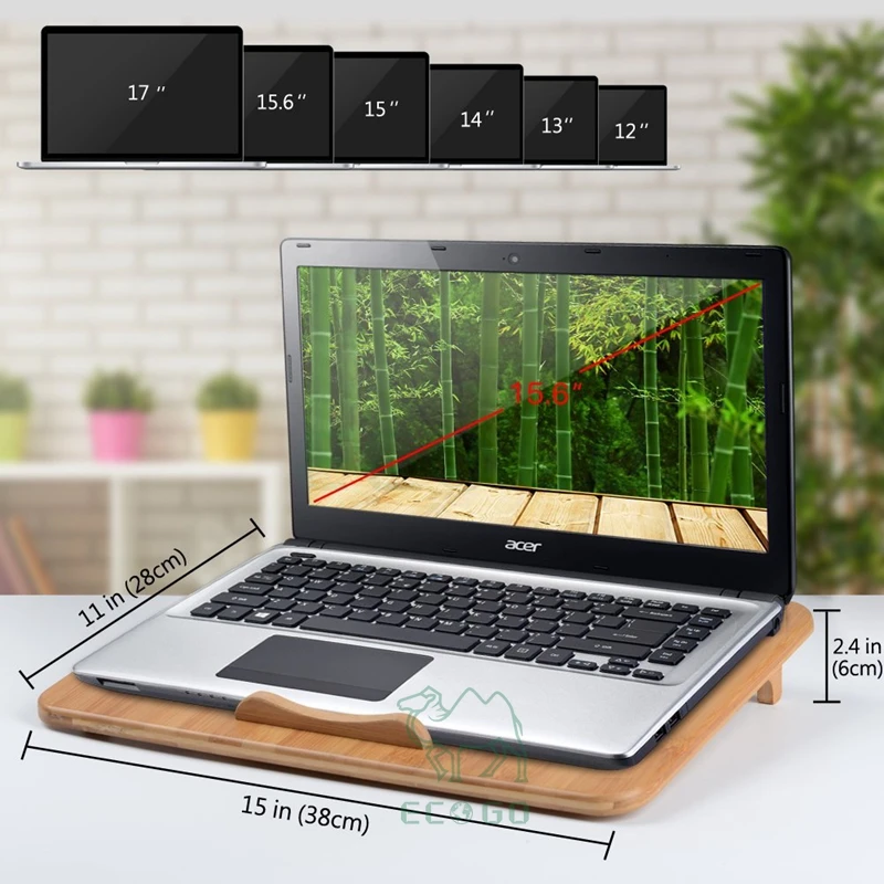 Bamboo Laptop Desk with Self Cooling System, Height Adjustable Laptop Table with Cooling Fans and USB Ports Laptop Ventilation
